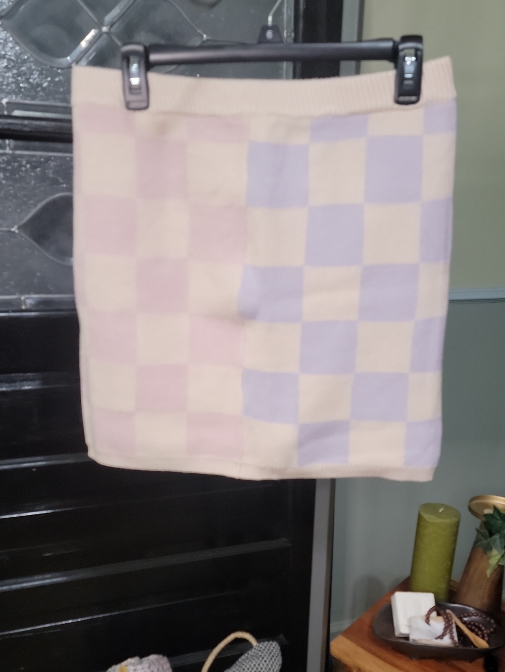 Miss Sparkling Knit Mini Skirt Pastel Checkerboard Pink Purple XL NWOT